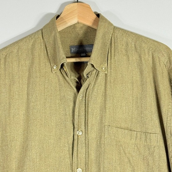 Hickey Freeman Men Large Button Down Long Sleeve Mustard Herringbone Dress Shirt - Picture 2 of 7